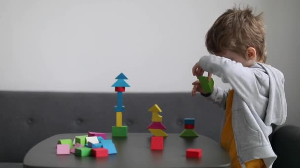 Niño Jugar Bloques Madera Sala Estar Construcción Educación Actividad Aprendizaje — Vídeos de Stock