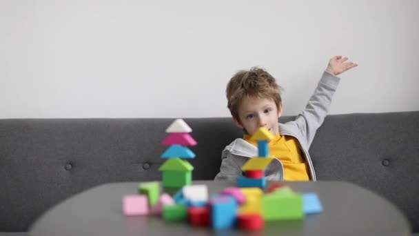 Menino Edifício Construtor Torre Blocos Madeira Coloridos Casa Brinquedos Lógicos — Vídeo de Stock