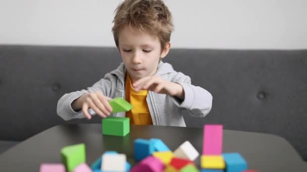 Μικρό Αγόρι Κτίριο Κατασκευαστής Ξύλινων Μπλοκ Στο Σπίτι Απολαμβάνοντας Αναπτυξιακές — Αρχείο Βίντεο