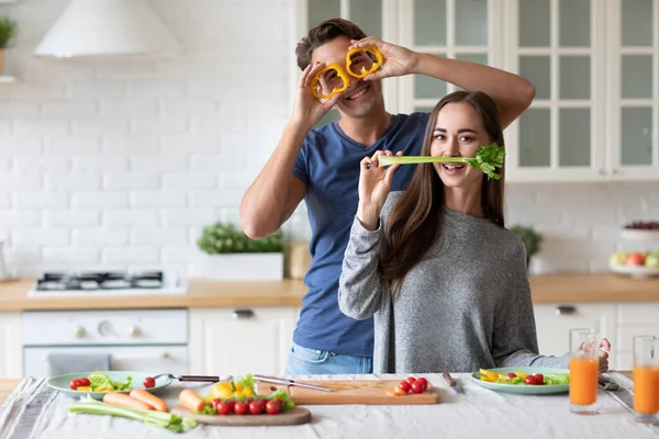 Young Couple Love Cooking Together Having Fun Kitchen Home Healthy — Stock Photo, Image