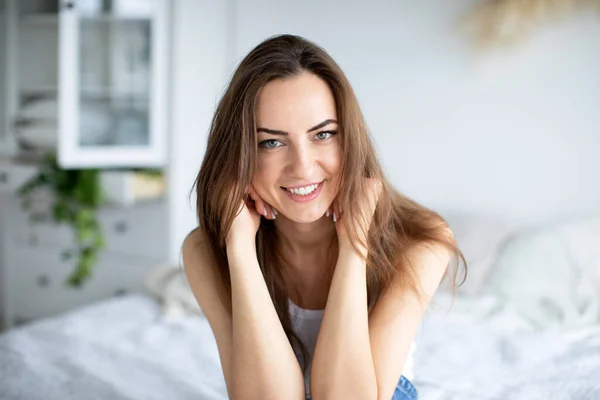 Portrait Beautiful Woman Home Looking Camera Smiling Stock Photo