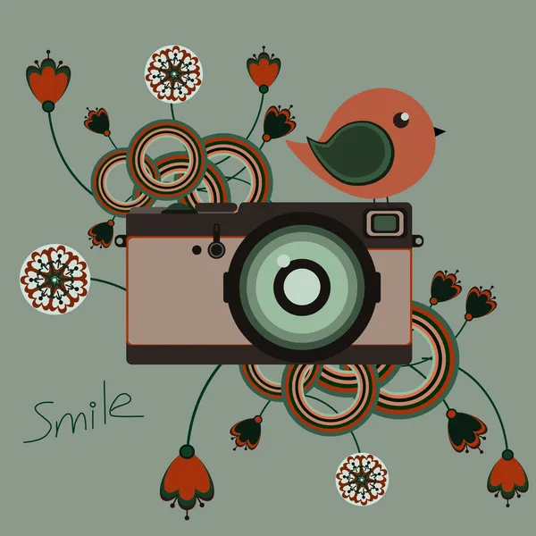 Illustration with old vintage camera with bird Stock Vector