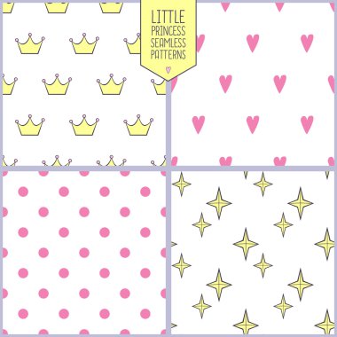 dört şirin sorunsuz arka planlar ile yıldız, taç, kalp ve noktalar kümesi. vektörel desenler.