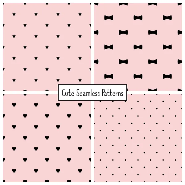 Set of four retro seamless backgrounds with stars, bows, hearts and dots. Vector patterns. — Stock Vector