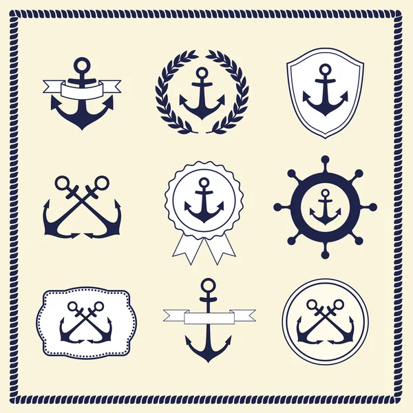 Vintage hajózási készlet - anchor babérkoszorút, szalag, kormánymű, pajzs, jelvény. vektoros illusztráció. — Stock Vector