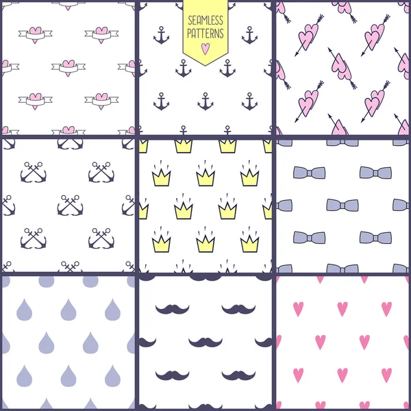 Ensemble de motifs vectoriels sans couture : arc, couronne, ancre, goutte, cœur, moustache. Mignons milieux hipster . — Image vectorielle