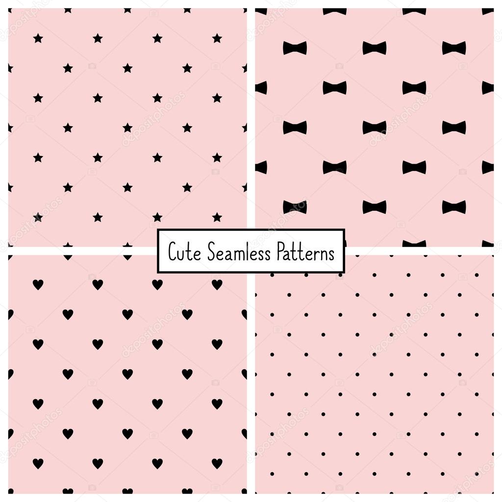 Set of four retro seamless backgrounds with stars, bows, hearts and dots. Vector patterns.