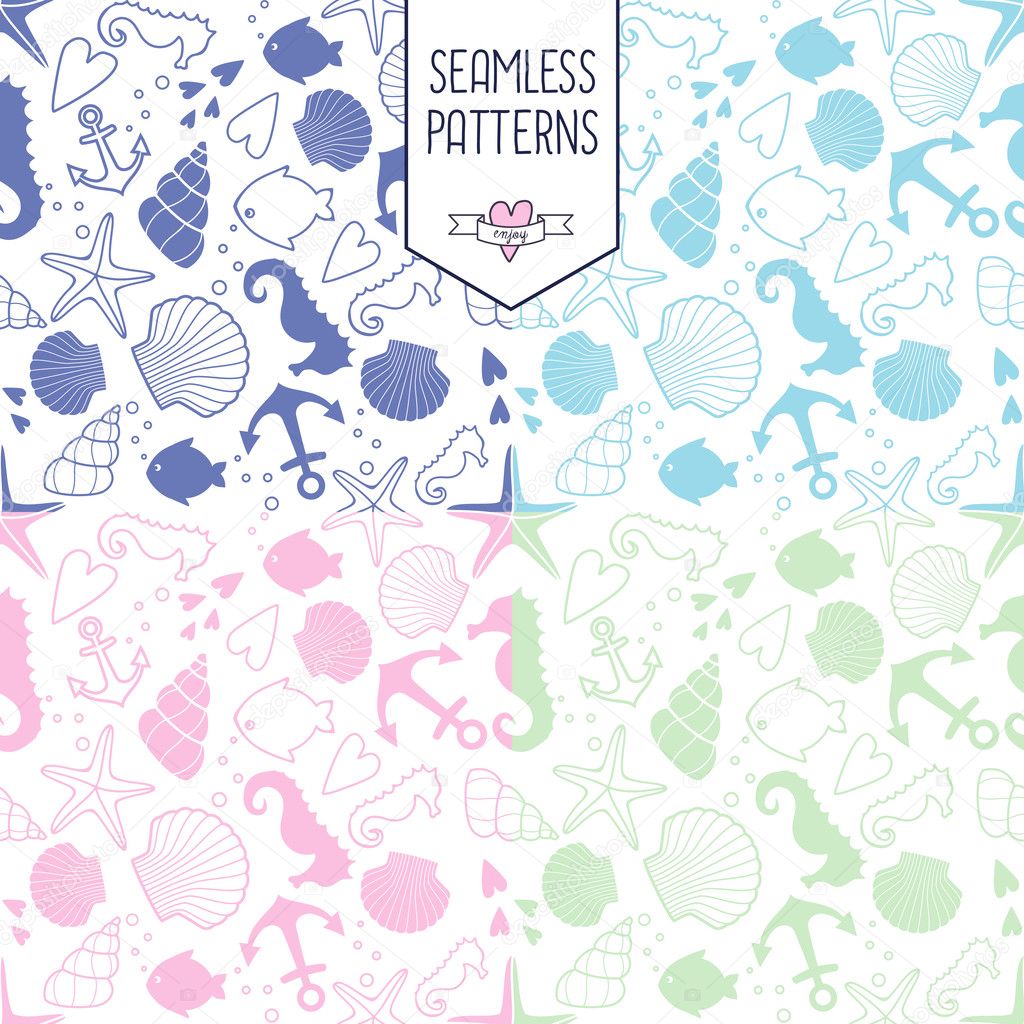 Seamless pattern with sea creatures doodles and nautical stuff.