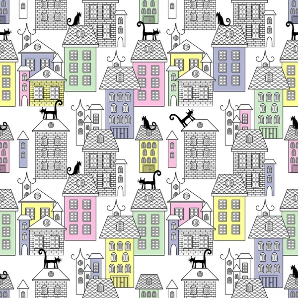 Seamless houses city theme vintage style illustration background pattern in vector. — Stock Vector