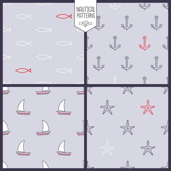 Marinblå vektor seamless mönster set: ankare, sjöstjärna, fisk, fartyg. — Stock vektor