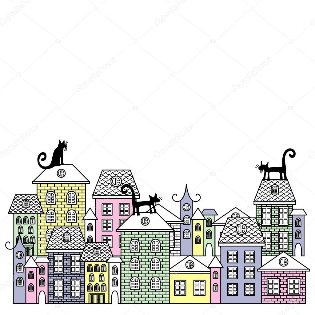 Vector illustration poster with houses and cats.