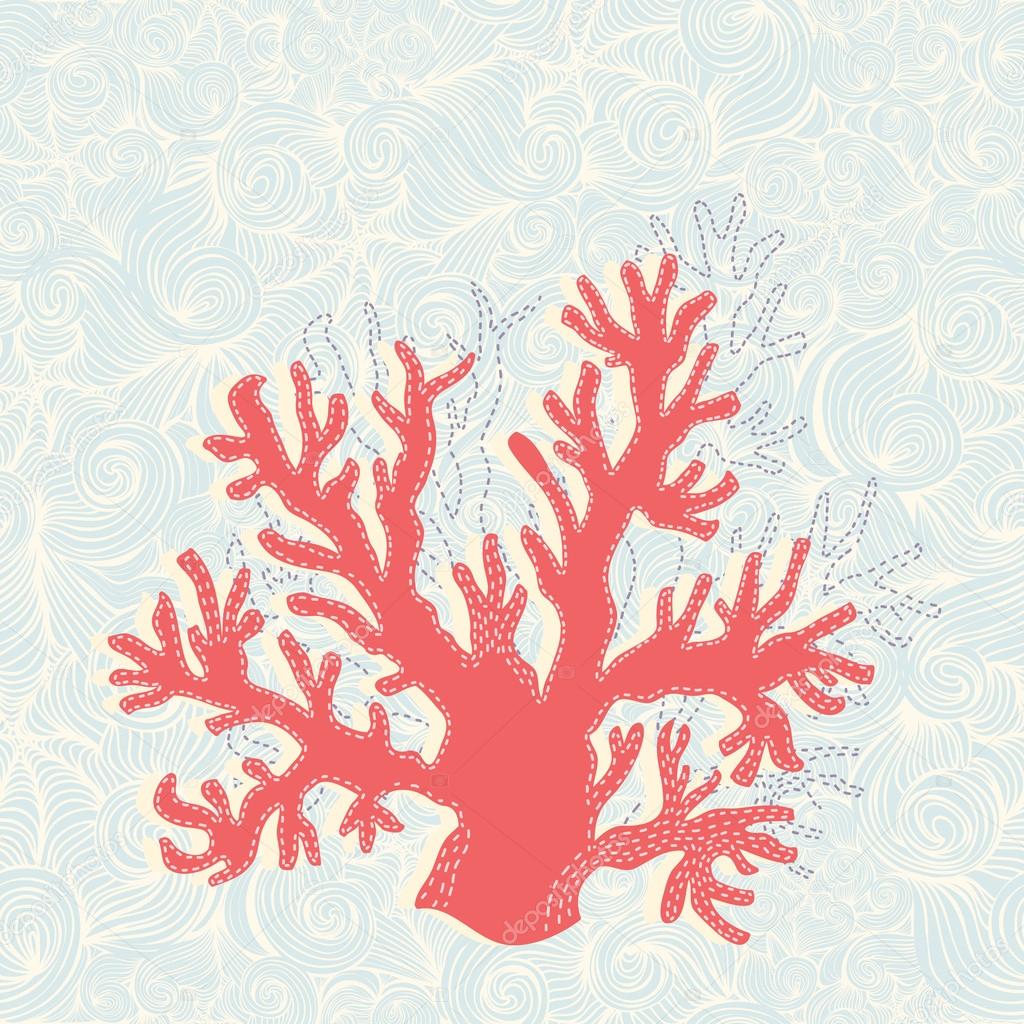 Hand drawn coral in on sea background