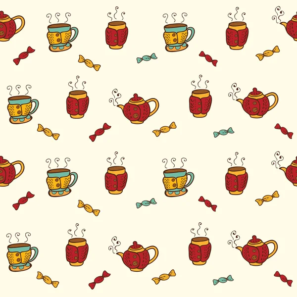 Векторный бесшовный рисунок с чайником, чашки и конфеты — стоковый вектор