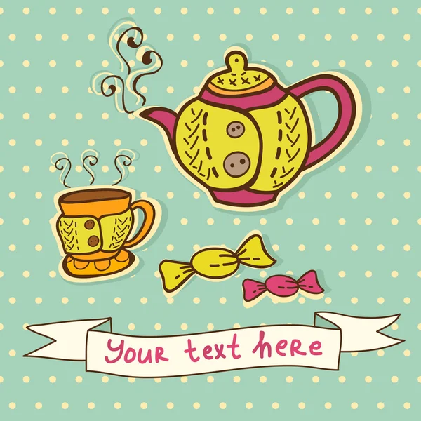 Carte avec théière mignonne, tasse et bonbons — Image vectorielle