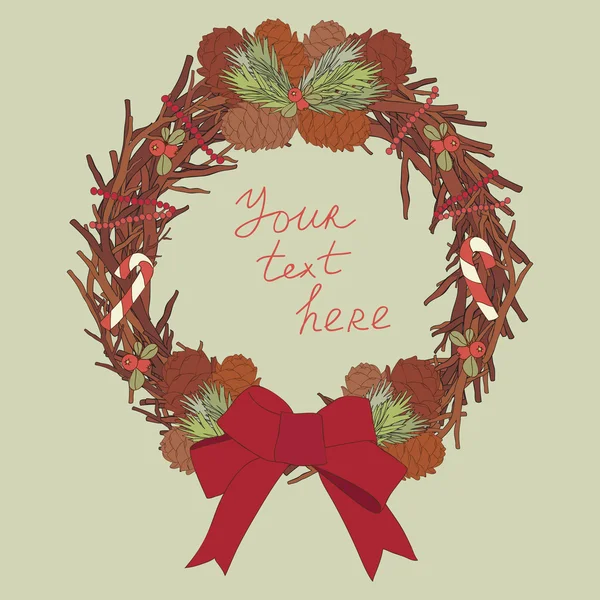 Ghirlanda di Natale con fiocco rosso — Vettoriale Stock