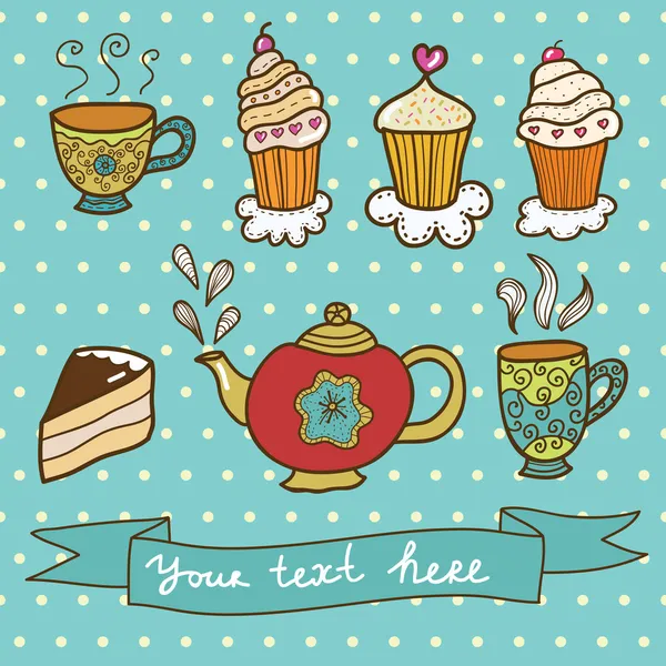 Lindo juego de cupcakes y tetera y tazas — Vector de stock