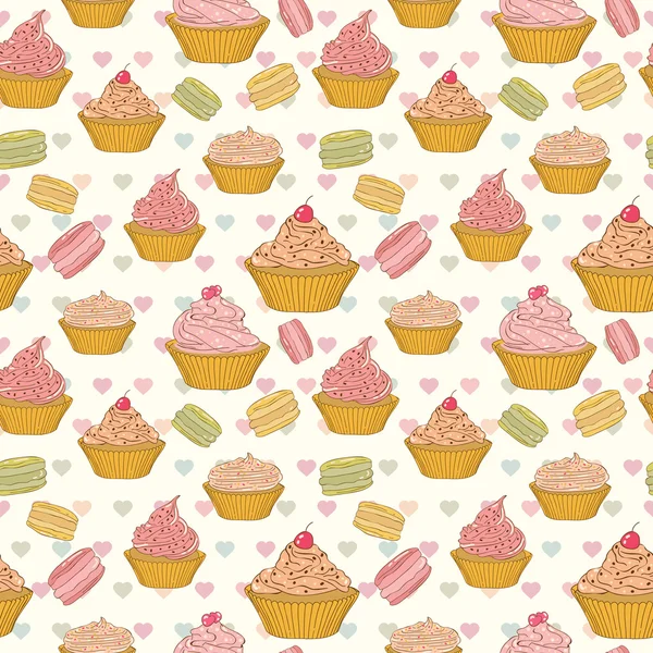 Cupcakes et macarons motif sans couture — Image vectorielle