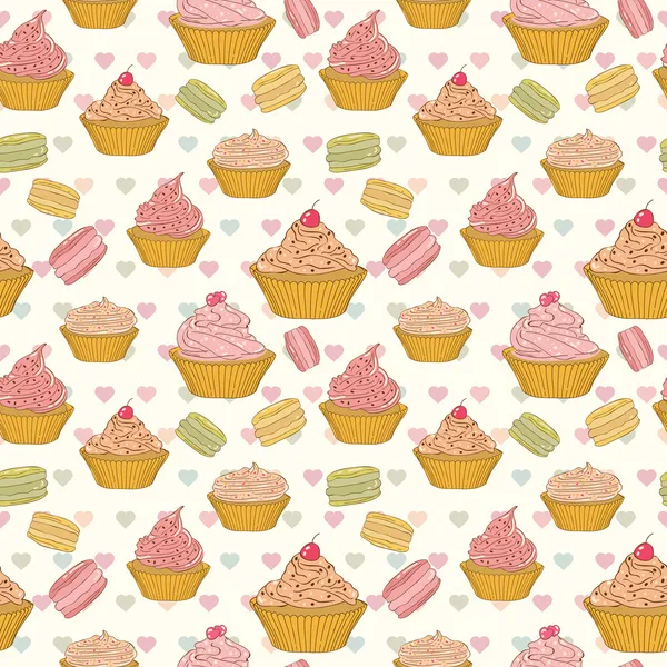 Cupcakes y macarrones patrón sin costuras — Vector de stock