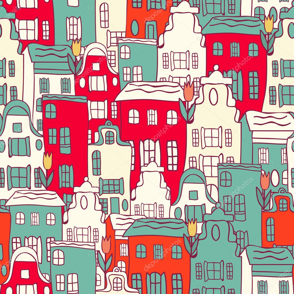 Vector Amsterdam city pattern with tulips.
