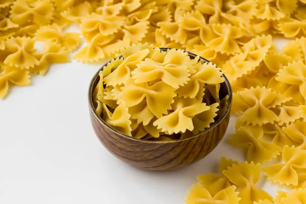 Uncooked Dry Bow Shaped Pasta Farfalle Bamboo Bowl Copy Space Stock Picture