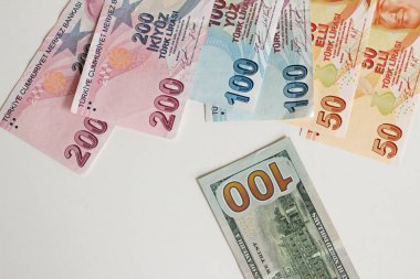 Beyaz arka planda Türk parasıyla 100 Amerikan doları