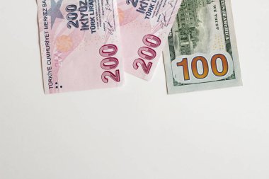 Fotokopi alanı beyaz arka planda Türk parasıyla 100 Amerikan doları