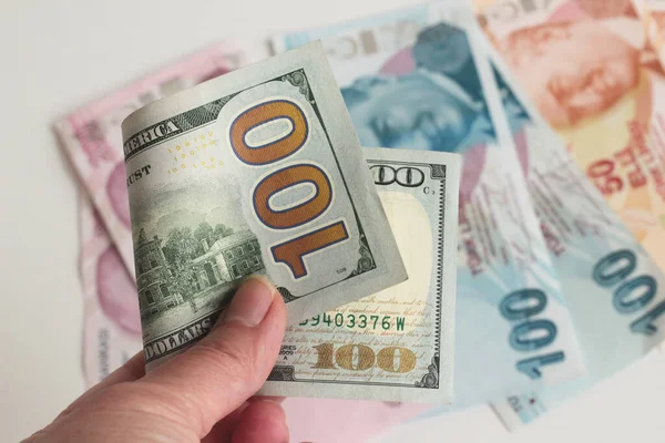 Hånd Holder 100 Amerikanske Dollar Uklare Tyrkiske Sedler Hvit Overflate – stockfoto