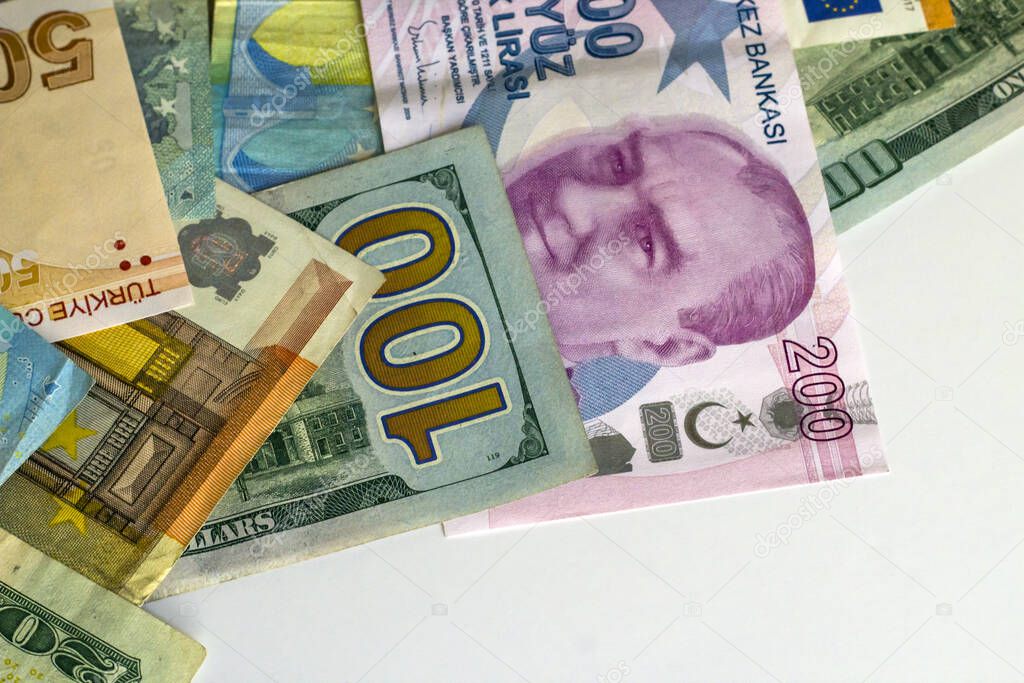 Turkish Banknotes designed with Euro and American Dollar Banknotes on white surface with copy space