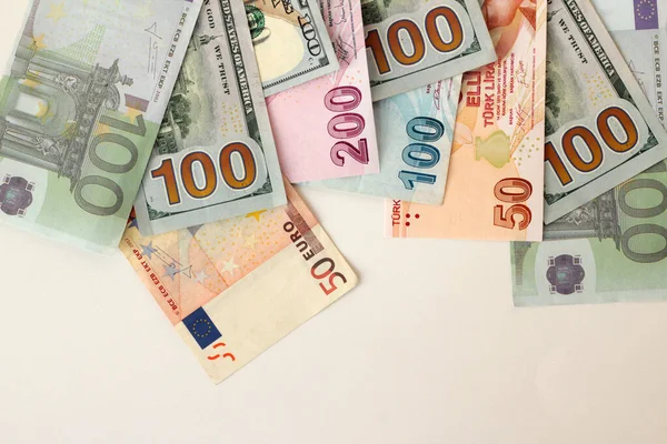 Euro Amerikai Dollárbankjegyekkel Ellátott Török Bankjegyek Fehér Felületen Fénymásoló Felülettel — Stock Fotó