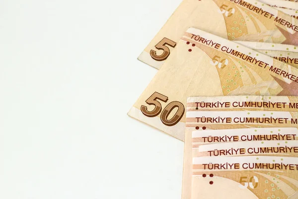 Turecké Padesáti Lirové Bankovky Bílém Povrchu Kopírovacím Prostorem — Stock fotografie