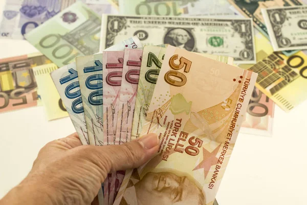 Pile Turkish Money Hand Currency Exchange Dollar Euro Banknotes – stockfoto