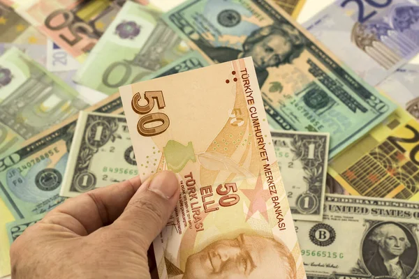 Hand Holds Turkish Fifty Liras Foreign Banknotes Dollar Euro — Fotografia de Stock