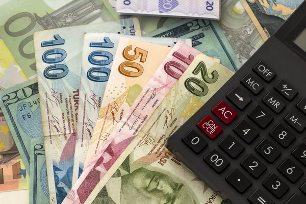Turkish Banknotes Dollar Euro White Surface Black Color Calculator Half – stockfoto
