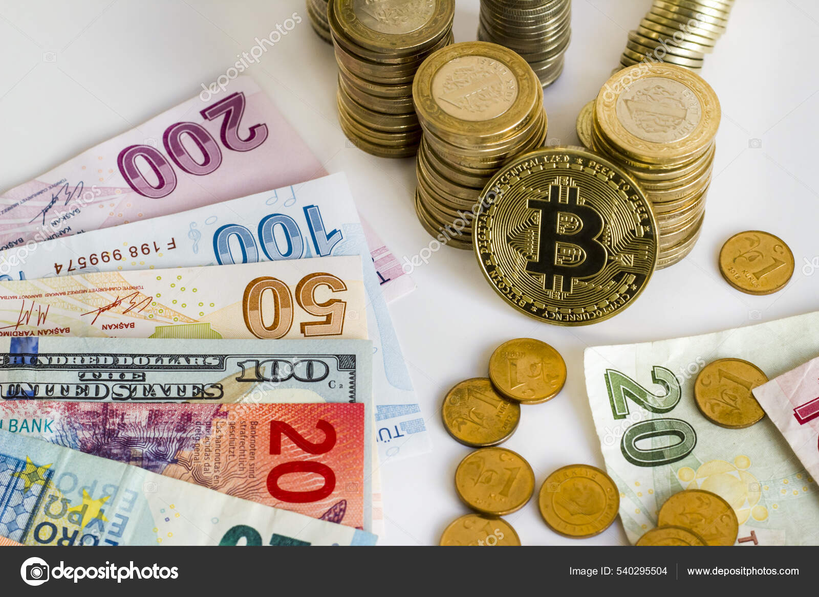 Turkish Lira American Dollar Euro Coins Bitcoin White Background View —  Stock Photo © Gulsen_Ozcan #540295504