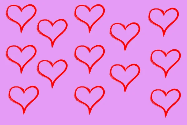 Χέρι Σχέδιο Κόκκινο Κούφια Καρδιές Ροζ Φόντο Επίπεδη Εικονογράφηση Εργασία — Φωτογραφία Αρχείου