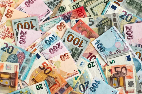Török Líra Euró Amerikai Dollár Bankjegyek Együtt Tervezve Top Half — Stock Fotó