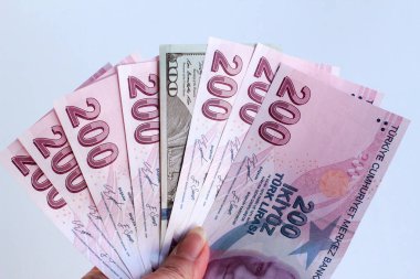 Bir elde bin dört yüz Türk lirası ve beyaz arka planda sadece yüz Amerikan doları var.