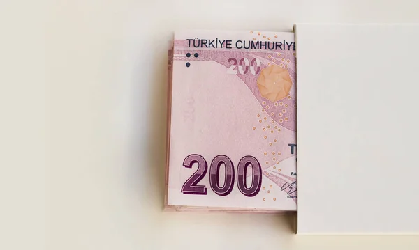 Turkish Two Hundred Banknotes White Box White Background Copy Space — стокове фото