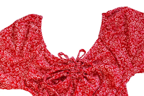 Kırmızı Yapışkan Kadın Yazlık Elbisesi Göğüs Detaylarıyla Beyaz Yüzeyde Üst — Stok fotoğraf