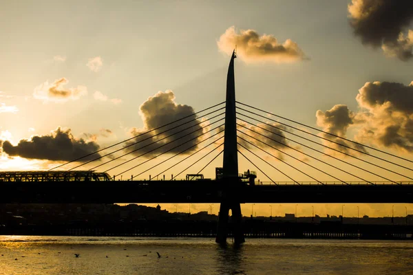 Modern Subway Bridge Silhouette Sunset Time Estuary Istanbul City Turkey — Stock Photo, Image