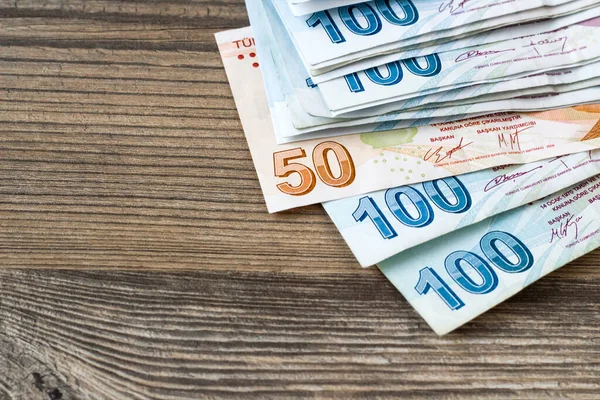 Fifty One Hundred Turkish Banknotes Wooden Surface Copy Space Number — kuvapankkivalokuva