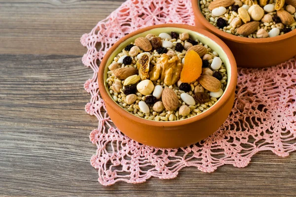 Ingredients Traditional Turkish Dessert Asure Noah Pudding Casserole Bowls Wooden — kuvapankkivalokuva