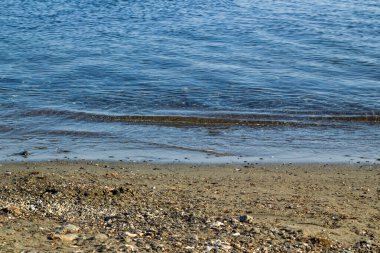 Kimsesiz, hafif dalgalı, mavi deniz, kumlu, arka planlı