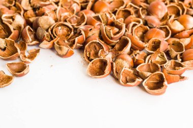 Beyaz yüzeyde fotokopi alanı olan geleneksel fındık kabukları.