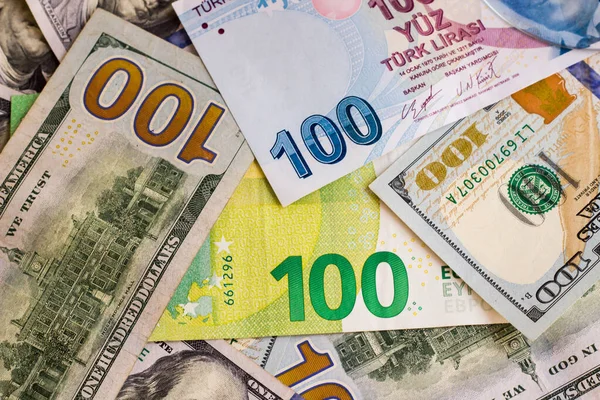 Notas Lira Turca Euro Dólar Americano Projetadas Conjunto Vista Superior — Fotografia de Stock