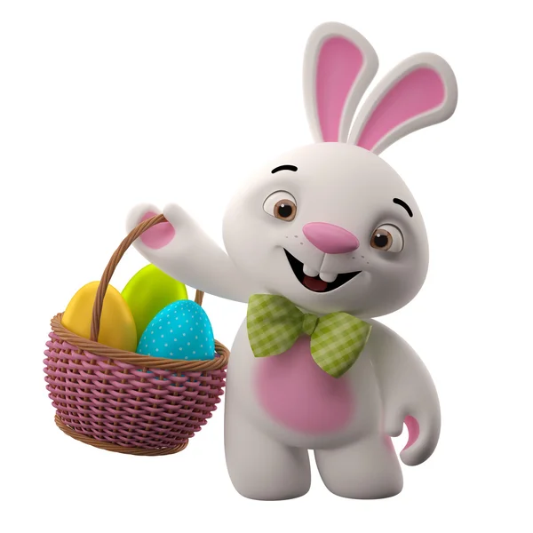 Ładny królik trzymając kosz z jajkami — Zdjęcie stockowe
