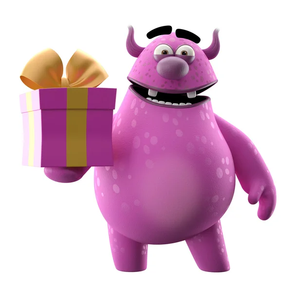 Cartoon roze monster met de gift van de verjaardag — Stockfoto