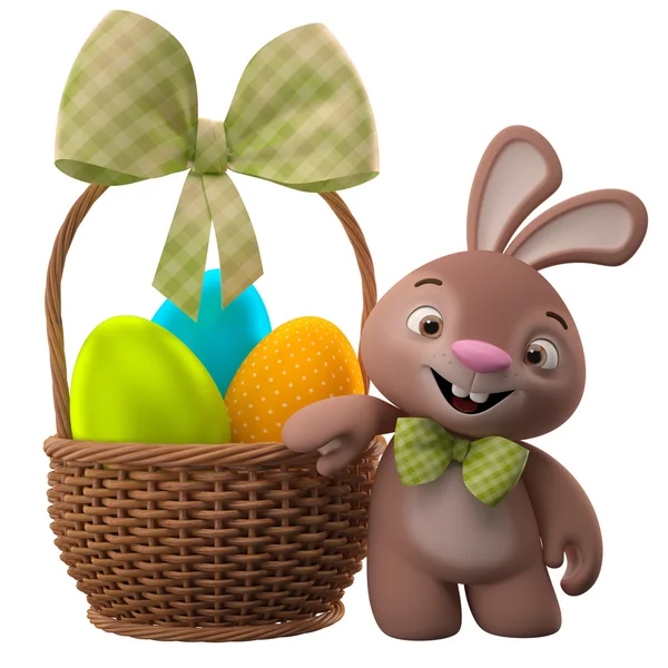 Smiling Easter bunny near basket — Stock Photo, Image