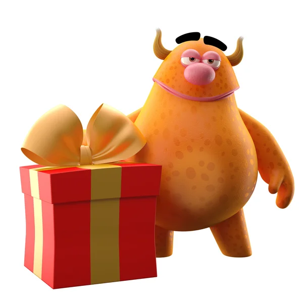 Оранжевый монстр с подарком на день рождения — стоковое фото