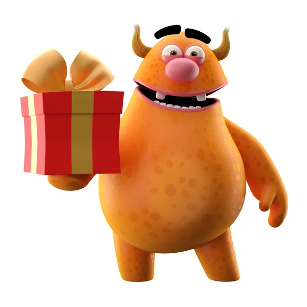 Kreslený oranžové monstrum s dárek k narozeninám — Stock fotografie